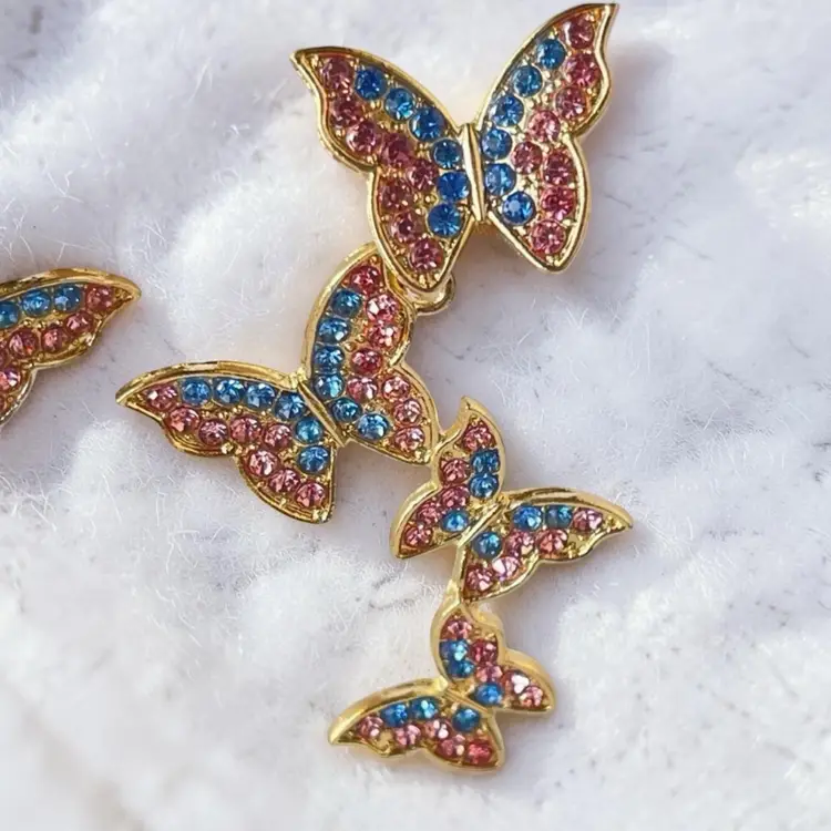Colorful Butterfly Dangle Earrings Gold Tone Pink Blue Rhinestone Statement Drop