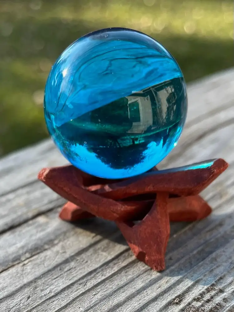 Blue Glass Orb Ball Sphere on Wood Stand