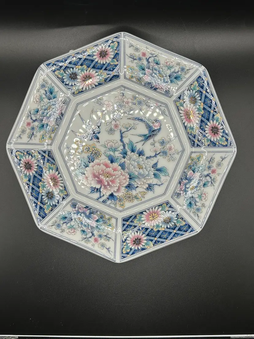 Birds & Flowers Decorative Octagon Plate Gold Detail Japan