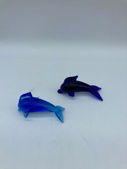 Two Mini Blue Glass Dolphins