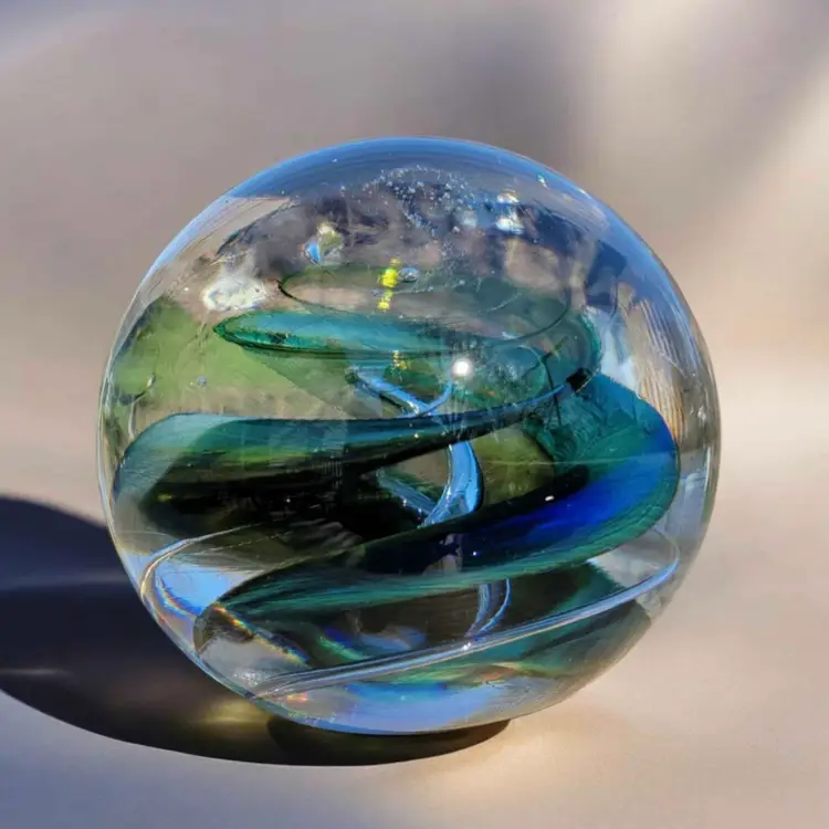 Marian Pyrcak (M.P.) Blue & Green Swirl Poland Studio Art Glass Orb Paperweight, 3 In