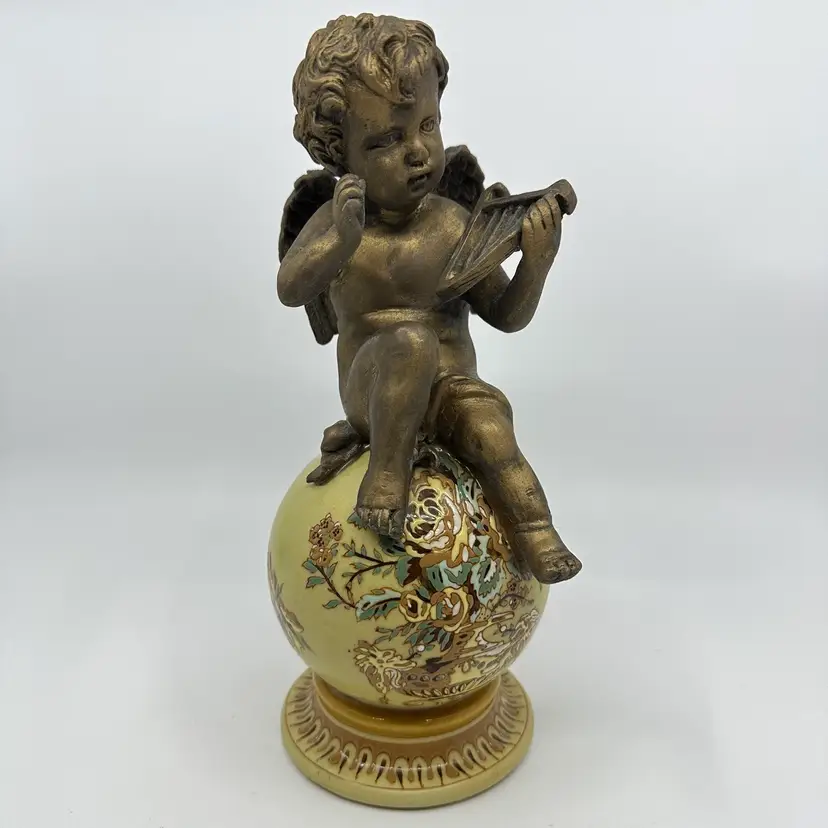 Vintage Mid 20th Century Bronze Putti With Harp on a Hand-Painted Porcelain Ball