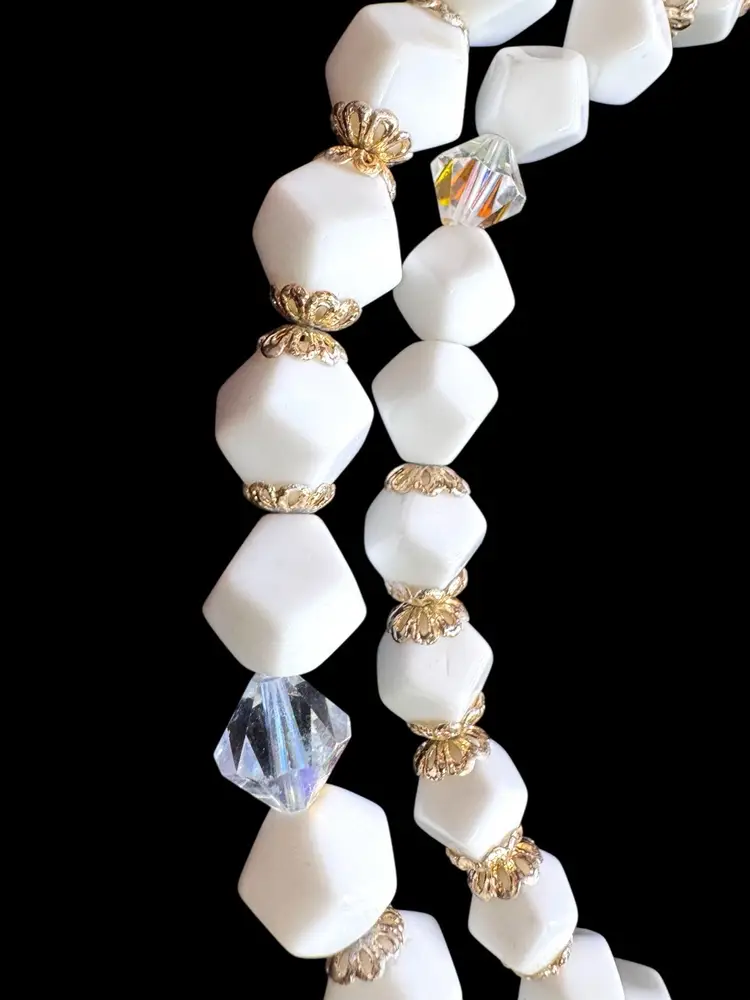 Vintage 2 Tier White Glass Gold Tone Necklace 12” & 13” with 3” extender