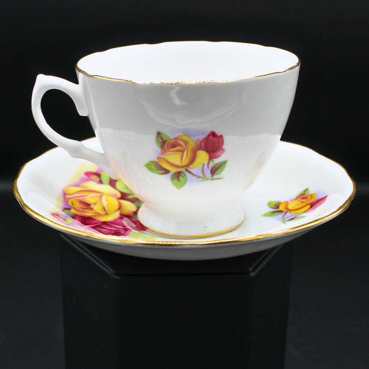 Vintage Royal Kent Teacup Saucer Set Made in England Rose Pattern 8263 Gold Trim