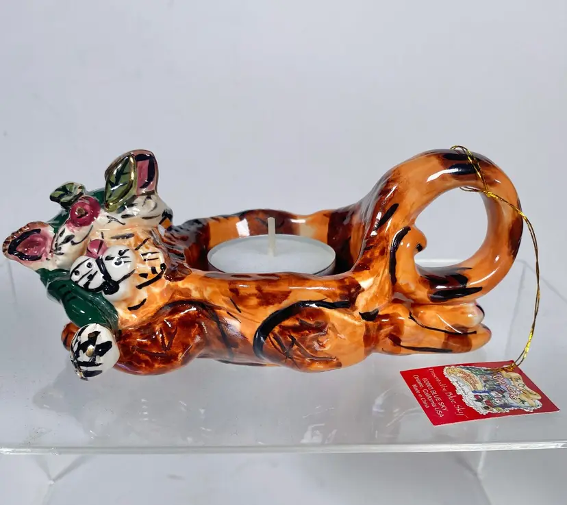 *NIB* Blue Sky Clayworks Christmas Cat Tea Light Holder by Heather Goldminc