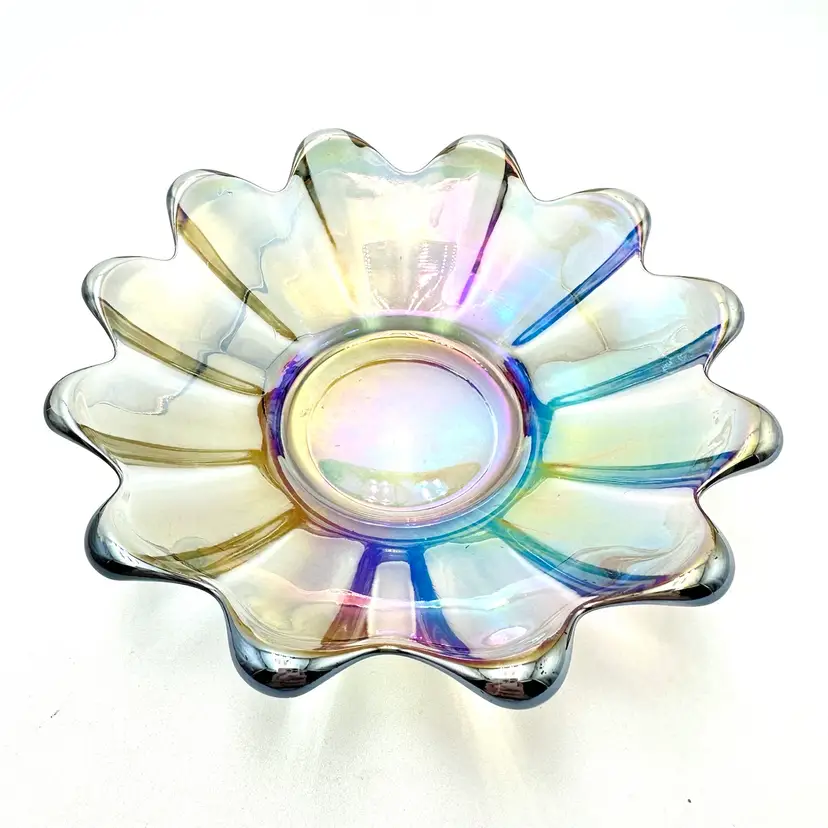 Flower Shaped Iridescent Glass Bowl Trinket Dish 6” D X 1.5 H