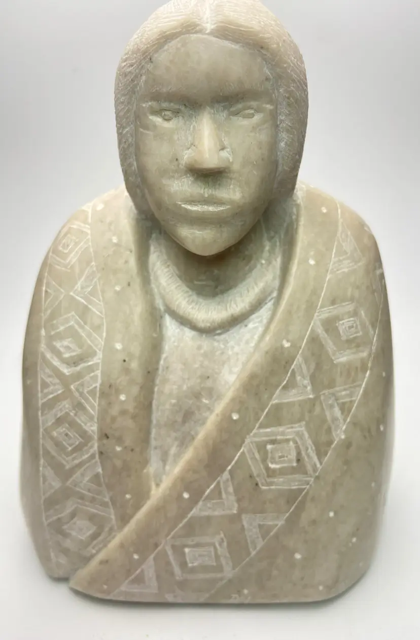 Signed Alabaster Sculpture of a Native American, 4 lbs, 6" Tall, 4.5" Wide