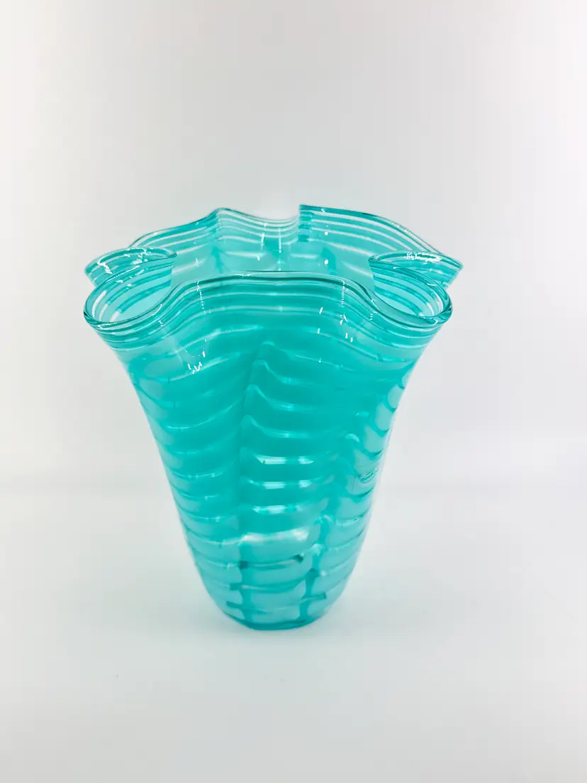 Royal Gallery Poland 11.25" Blown Glass Teal Swirled Handkerchief Vase
