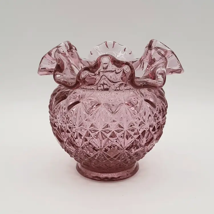 Fenton Dusty Rose Pink Glass Cut and Block Ruffled Rim Bowl
