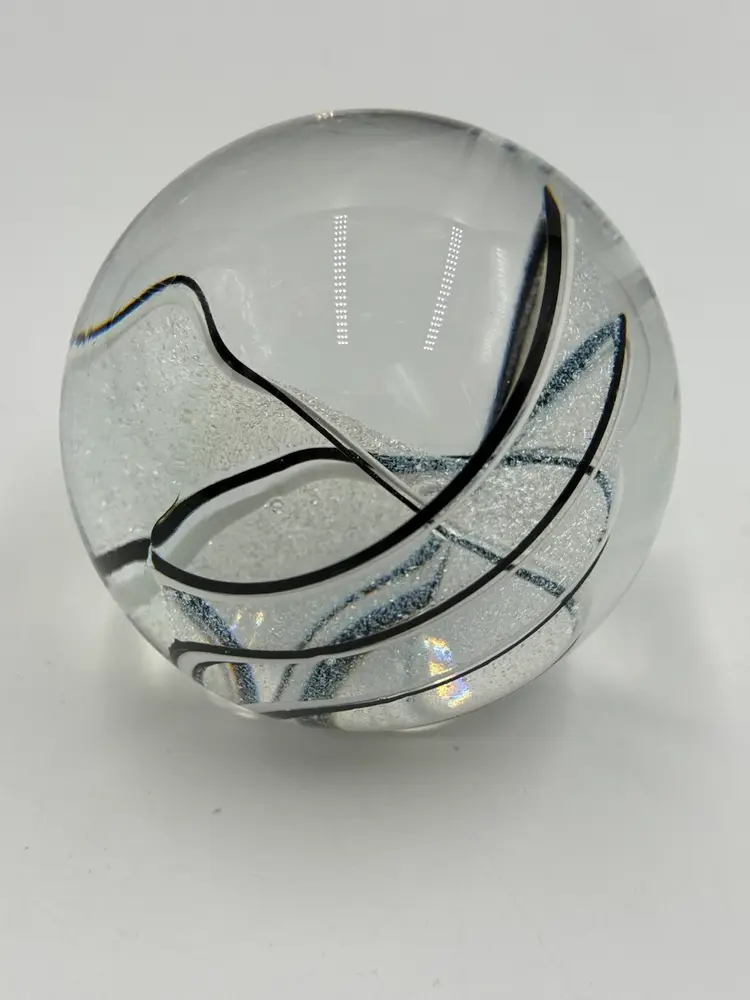 Glass Eye Studio GES 2011 Round Paperweight Black White Ribbons Dichroic Sparkle