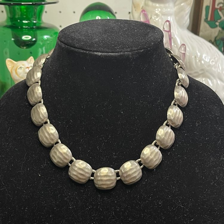 Vintage Douglas Paquette Silver Tone Square Panel Necklace Hook Clasp Heavy 18” Brutalist