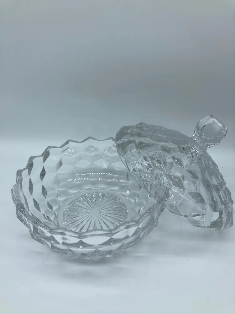 Vintage Fostoria American Clear cubist lidded candy dish*