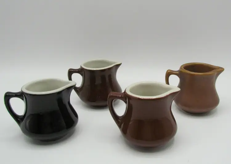 4 Hall Pottery Mini Creamers Vintage Restaurantware USA Small Handle Brown-Black-Tan
