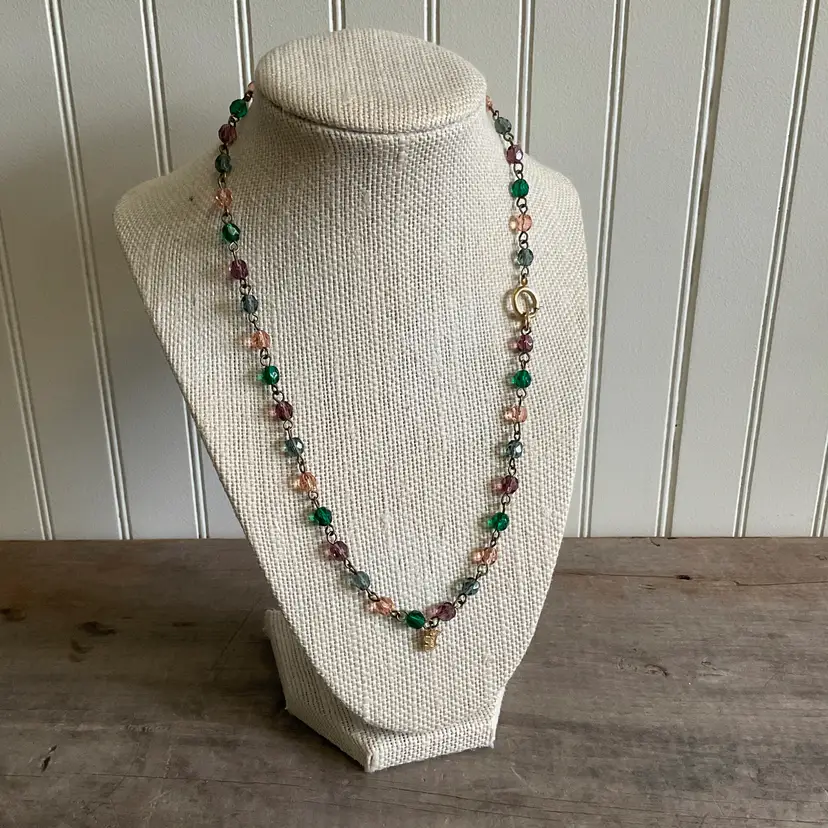 Vintage Crystal Style Chain Link Necklace with Goldtone Scottie Charm Signed Agatha, Multicolor Beads