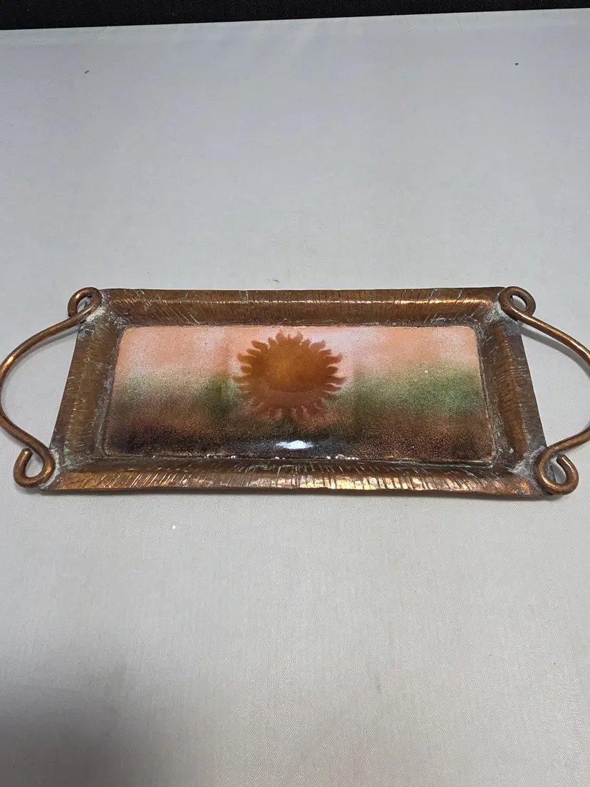 Vintage Copper Enamel Sunflower Tray Dish w Handles 8" (Y)