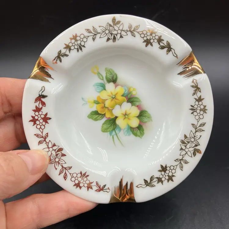 Pair Vintage Limoges France Ashtrays, Painted Flowers, Gold Trim, Excellent Cond