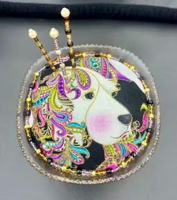 Unique Pin Cushion In antique Glass Dish With Gold Trim 3 Beaded Pins And Glass Beads Around Outer Edge