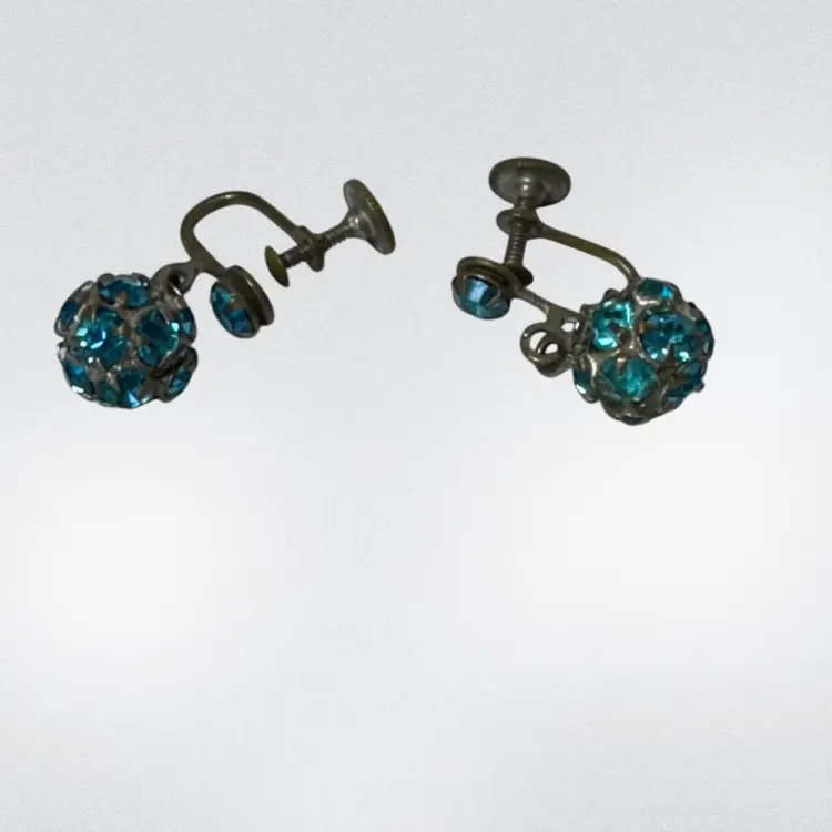 Vintage Aqua Rhinestone & Silver Tone Screw Back Drop Earrings 1960’s