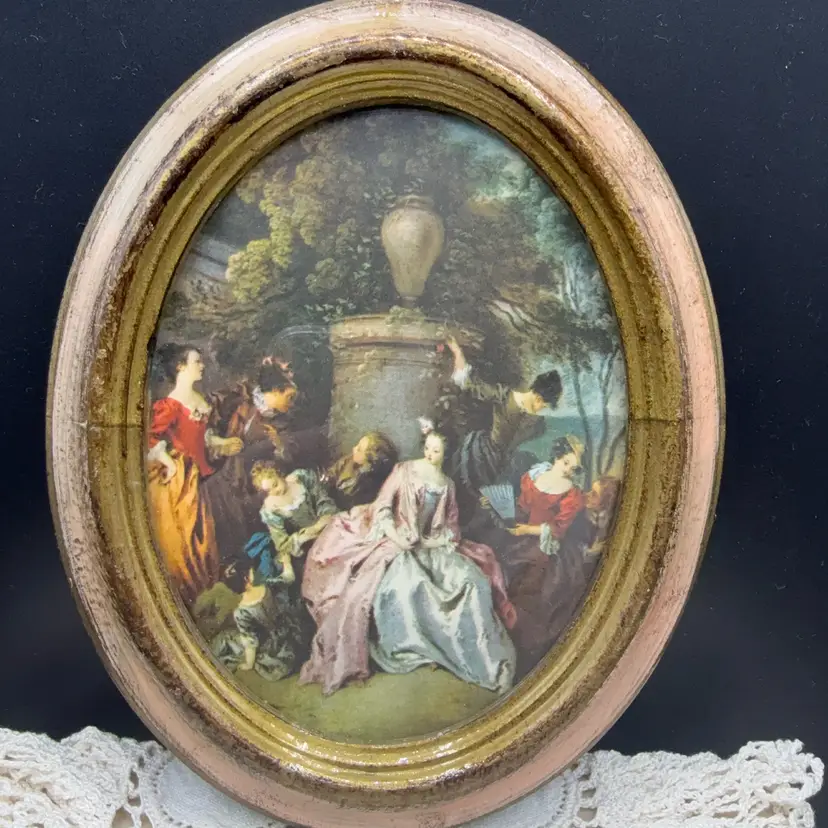 🐞 Vintage 1960s Italian Oval Framed Rococo Art Print 8x6.5”