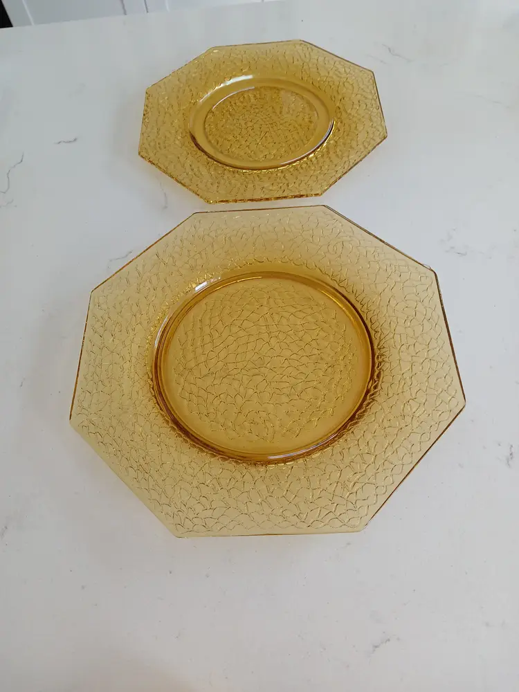 Vintage LE Smith Amber Crackle Glass,Hexagon shaped Plates(set of two)
