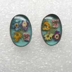 Vintage Sterling Silver Resin Filled Pressed Flower Earrings For Pierced Ears