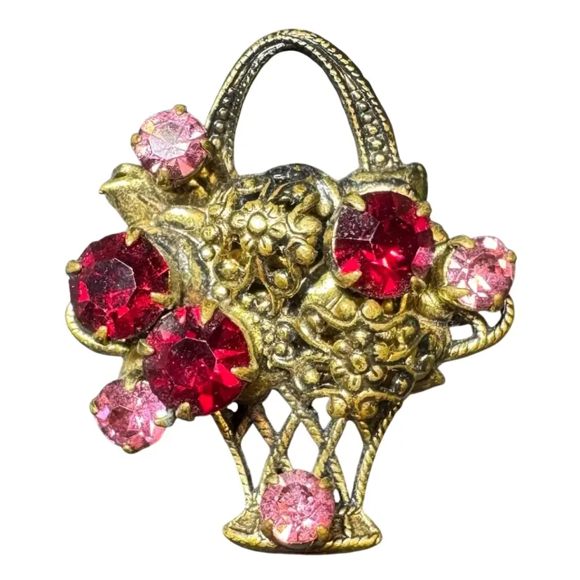Basket Of Pink & Red Flowers 1.25” Brooch Pin Gold Tone Jewelry