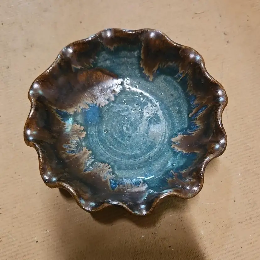 Pigeon Forge Art Pottery Bowl Pinched Edge Blue And Brown Signed Handmade Rustic