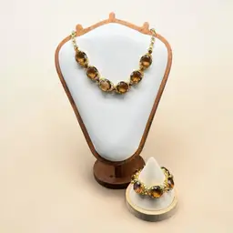 Riviere Statement Necklace & Bracelet Set Smokey Topaz Glass Collet Vintage