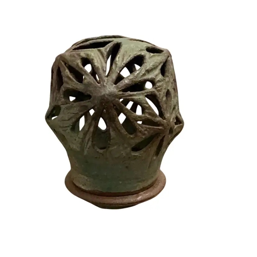 Vintage 2-piece Green And Brown Domed Cloche Fairy Lamp / Luminary With Daisy Cutout Design 6 3/4” X 5”