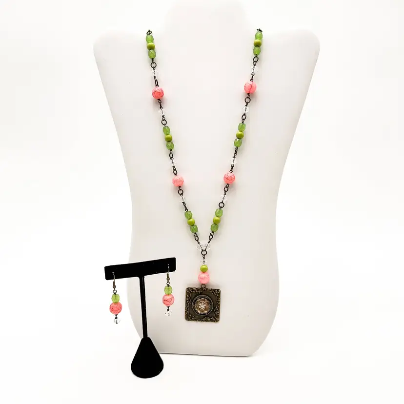 Repurposed Jewelry Necklace Earring Set Pink Green Handmade Gold Tone 32" B25