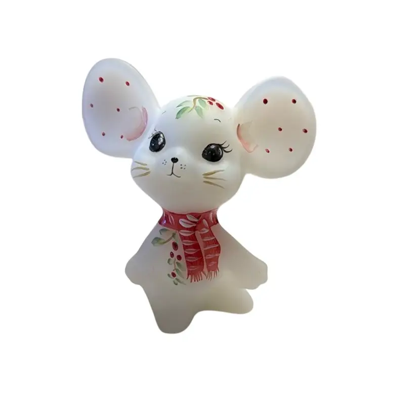 Fenton Christmas Mouse - Scarf & Holly - Handpainted Satin Glass 3”