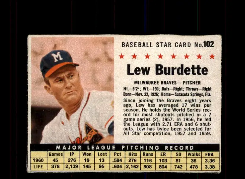 1961 Post Cereal (F278-33) #102 Lew Burdette - (pk3) - Milwaukee Braves