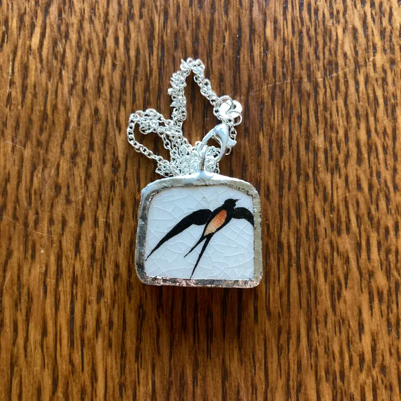 Broken Pottery Artisan Made Swallow Pendant Wells Plate Handcrafted Necklace 1 in x 3/4 in