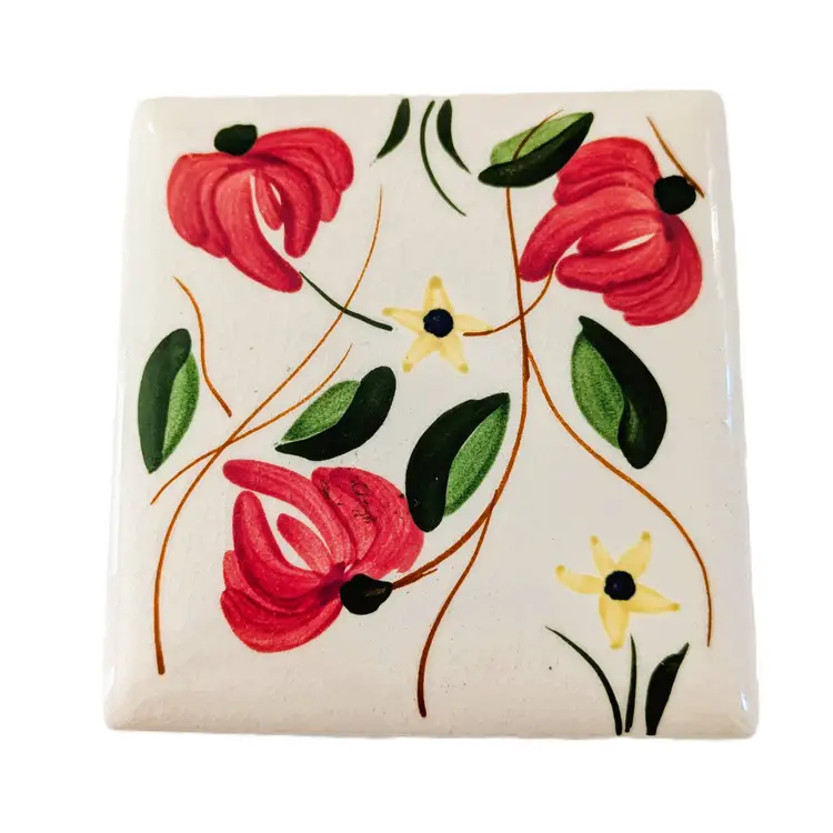 Rare VTG Blue Ridge Southern Pottery Floral Lidded Cigarette Box & 3 Matching Ashtrays