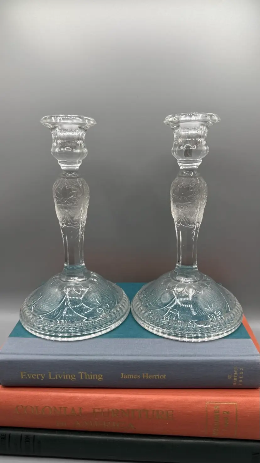 Vintage Indiana Glass Tiara Sandwich Clear 8.5" Candlestick Pair