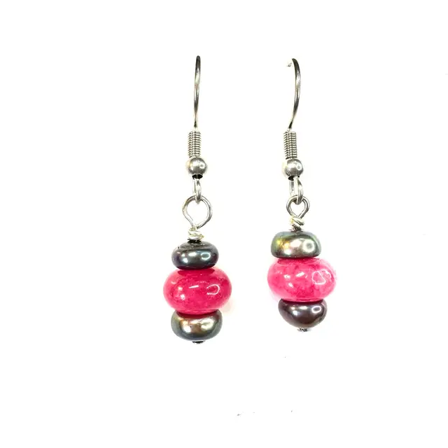 Pink Stone Grey Freshwater Pearl Beads Handmade Dangle Earrings Silver Tone 1.5” L Made By Me