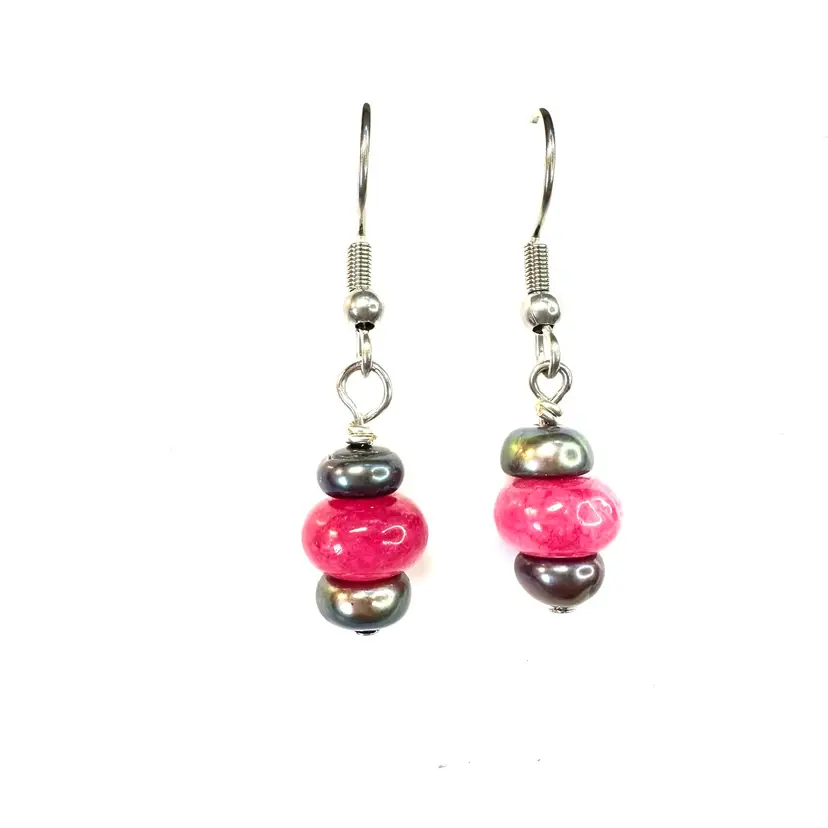 Pink Stone Grey Freshwater Pearl Beads Handmade Dangle Earrings Silver Tone 1.5” L Made By Me