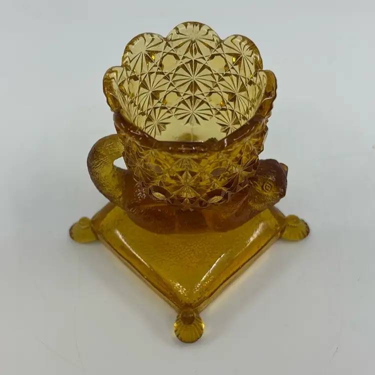 Antique Circa 1888 Richards & Hartley EAPG Amber “Cat On A Pillow” Toothpick Holder 3.75”
