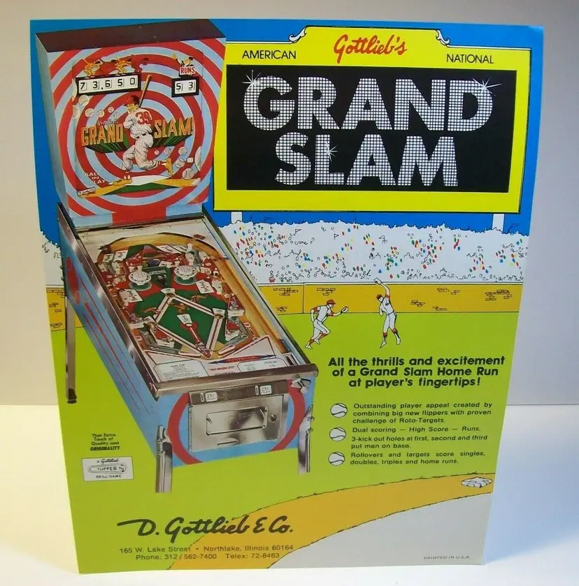 Grand Slam Pinball FLYER Original NOS 1972 Game Retro Baseball Artwork Vintage
