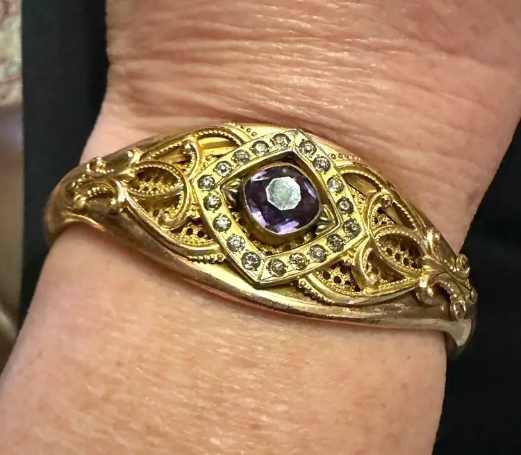 Antique Gold Filled Hinged Bangle Bracelet w/ Purple Stone