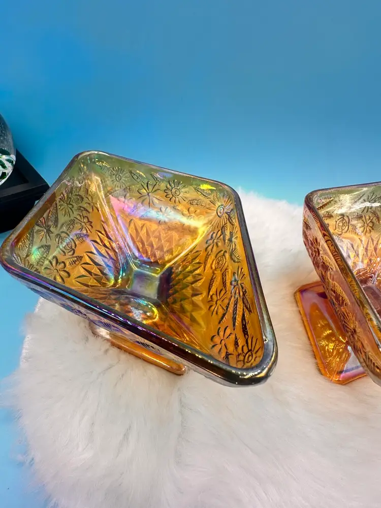 Set Of 2 Vintage Indiana Amber Carnival Glass Diamond Dish