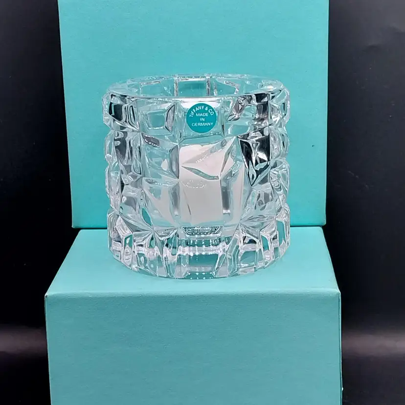 #01 NEW Tiffany & Co. Rock Cut Crystal Votive Candle Holder, IN BOX! Made in Germany