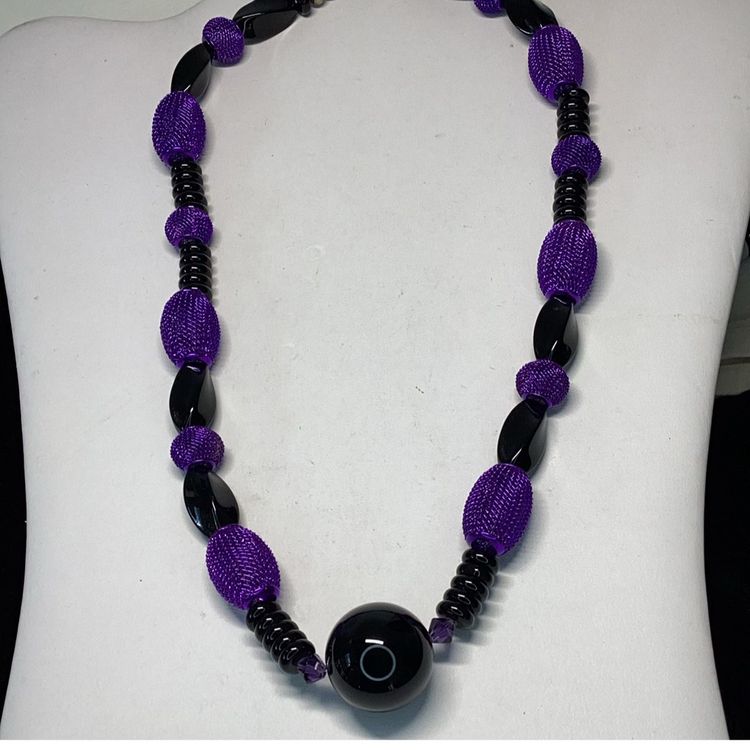 Purple & Black Beaded Necklace Unique Clasp 18”
