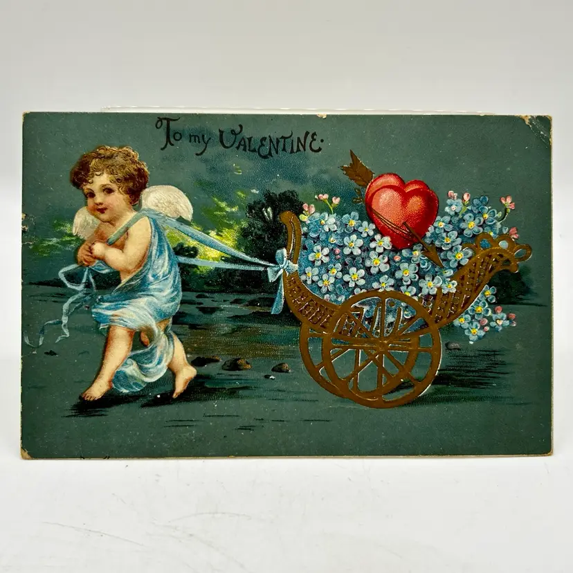 Antique Embossed Postcard To My Valentine Cupid Pulling Cart 1909 Cincinnati