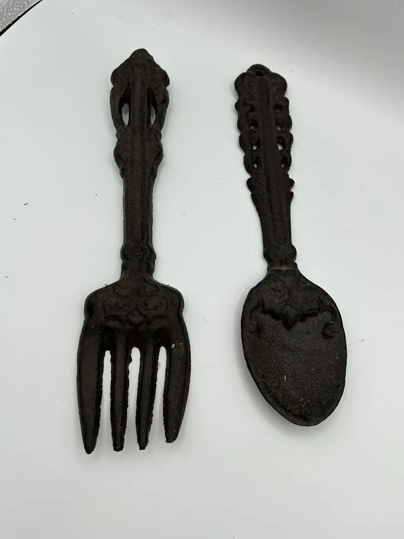 Kitchen Wall Decor Cast Iron Fork & Spoon Utensils Farmhouse Rustic 11 Inch Tall