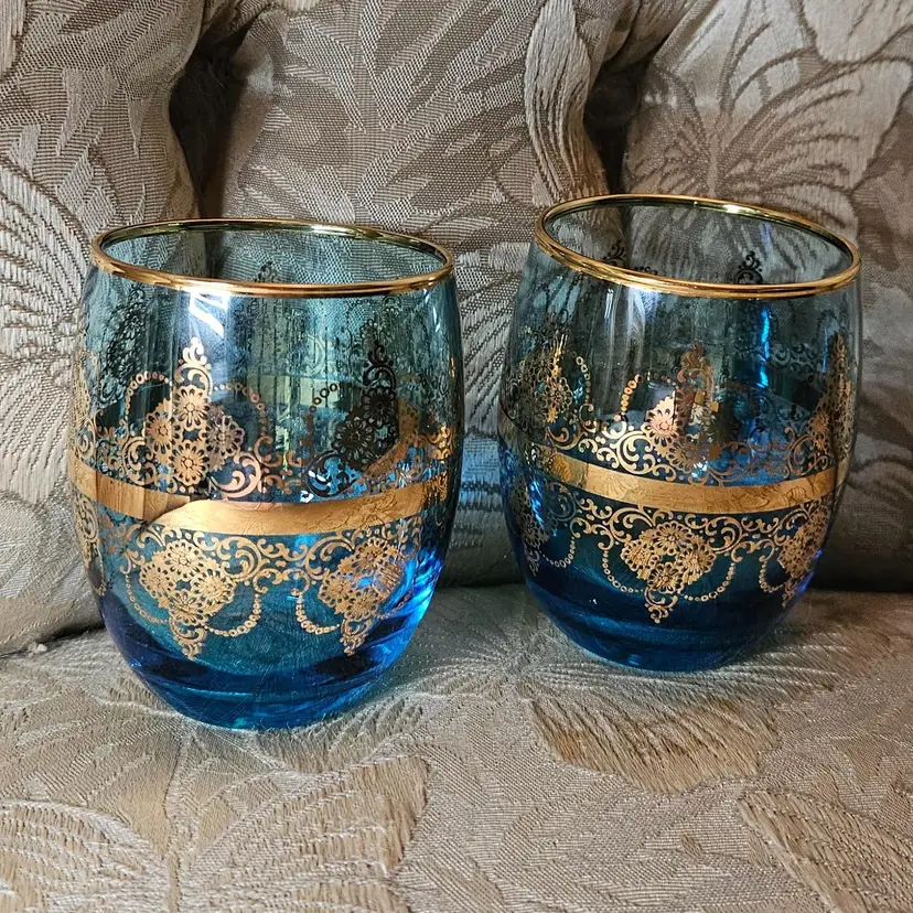 Pair Of Hand-blown Hand Painted Glass Blue 24 Karat Gold Glasses by Venetian Murano