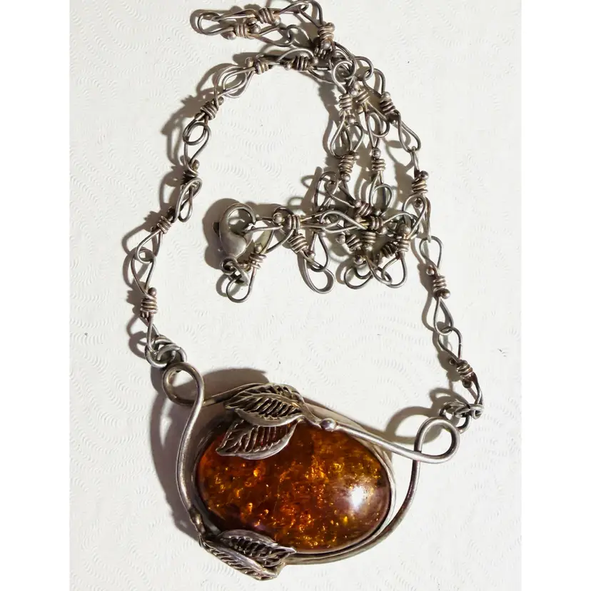 Artisan Natural Amber Sterling Silver Necklace - 2” x 1.25” Center Piece with a 18” Twisted Wire Chain - Tested Metal Guaranteed