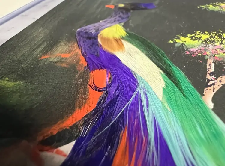 Mexican Folk Art. Post Card Sized Oil Painting Of Peacock in Tree with Vibrant Florals with Real Feathers.