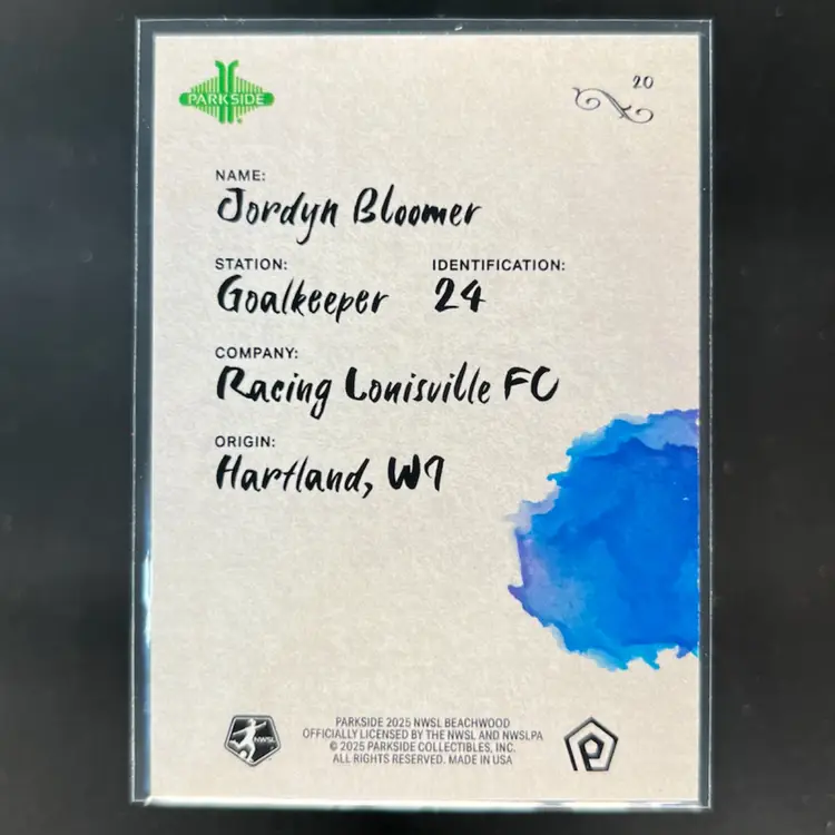 Jordyn Bloomer 2025 Parkside Beachwood Brand Simplicity /100 Soccer Card