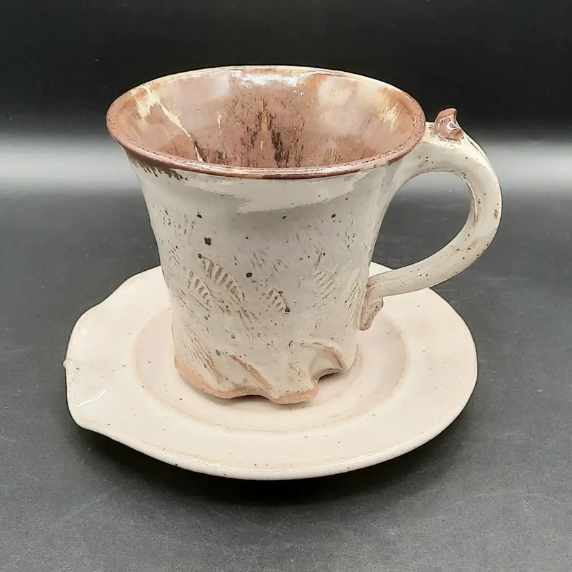 Art Pottery Large Rustic Mug and Saucer Set Glazed Beige & Brown Signed